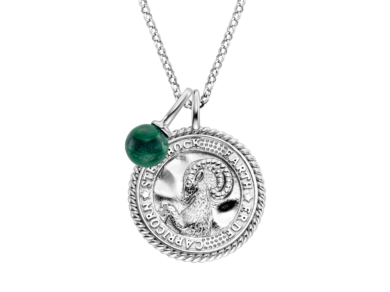 Kette mit einem Anhänger aus rhodiniertem Silber, der das Sternzeichen Steinbock zeigt, ergänzt durch einen grünen Malachitstein, Gesamtlänge 42 cm, ansprechendes Design für Kraftsteinliebhaber.