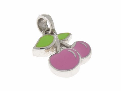 Anhänger Kirsche aus Silber rhodiniert mit farbigem Lack in Pink und Grün, verspielt gestaltet, hergestellt von Juwelier Harnisch, ideal als frisches Accessoire.