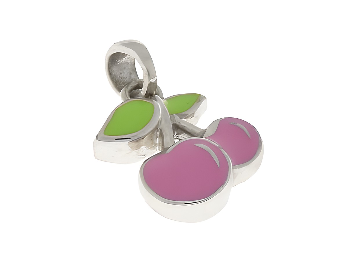 Anhänger Kirsche aus Silber rhodiniert mit farbigem Lack in Pink und Grün, verspielt gestaltet, hergestellt von Juwelier Harnisch, ideal als frisches Accessoire.