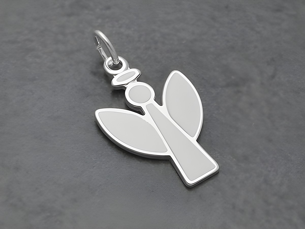Engel aus Sterlingsilber mit einem weißen, lackierten Finish, hergestellt von Juwelier Harnisch, ideal als Anhänger für Ketten oder Armbänder.