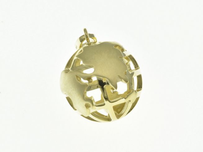 Globus Weltkugel Anhänger aus Gelbgold 750 mit filigraner Darstellung der Kontinente, ideal für internationale Liebhaber, Hersteller Juwelier Harnisch, Kugeldesign.
