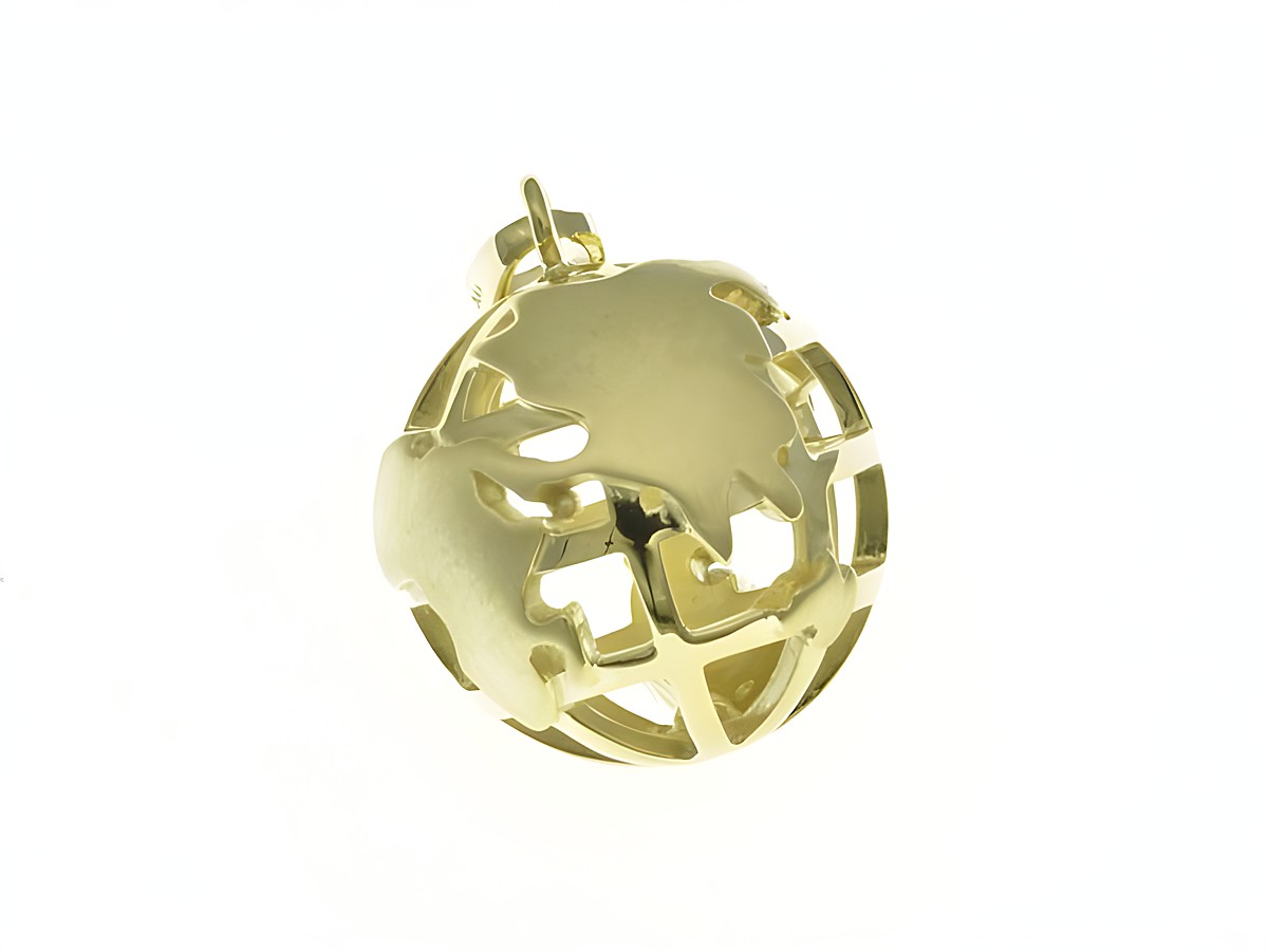 Globus Weltkugel Anhänger aus Gelbgold 750 mit filigraner Darstellung der Kontinente, ideal für internationale Liebhaber, Hersteller Juwelier Harnisch, Kugeldesign.