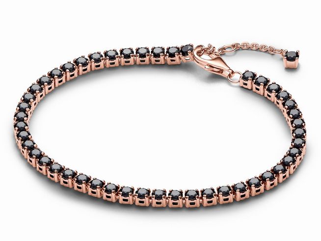 Schwarzes funkelndes Tennisarmband aus Roségold vergoldetem Metall mit eleganten schwarzen Steinen, 18 cm lang, von Pandora, ideal für jeden Anlass und stilvolle Akzente.