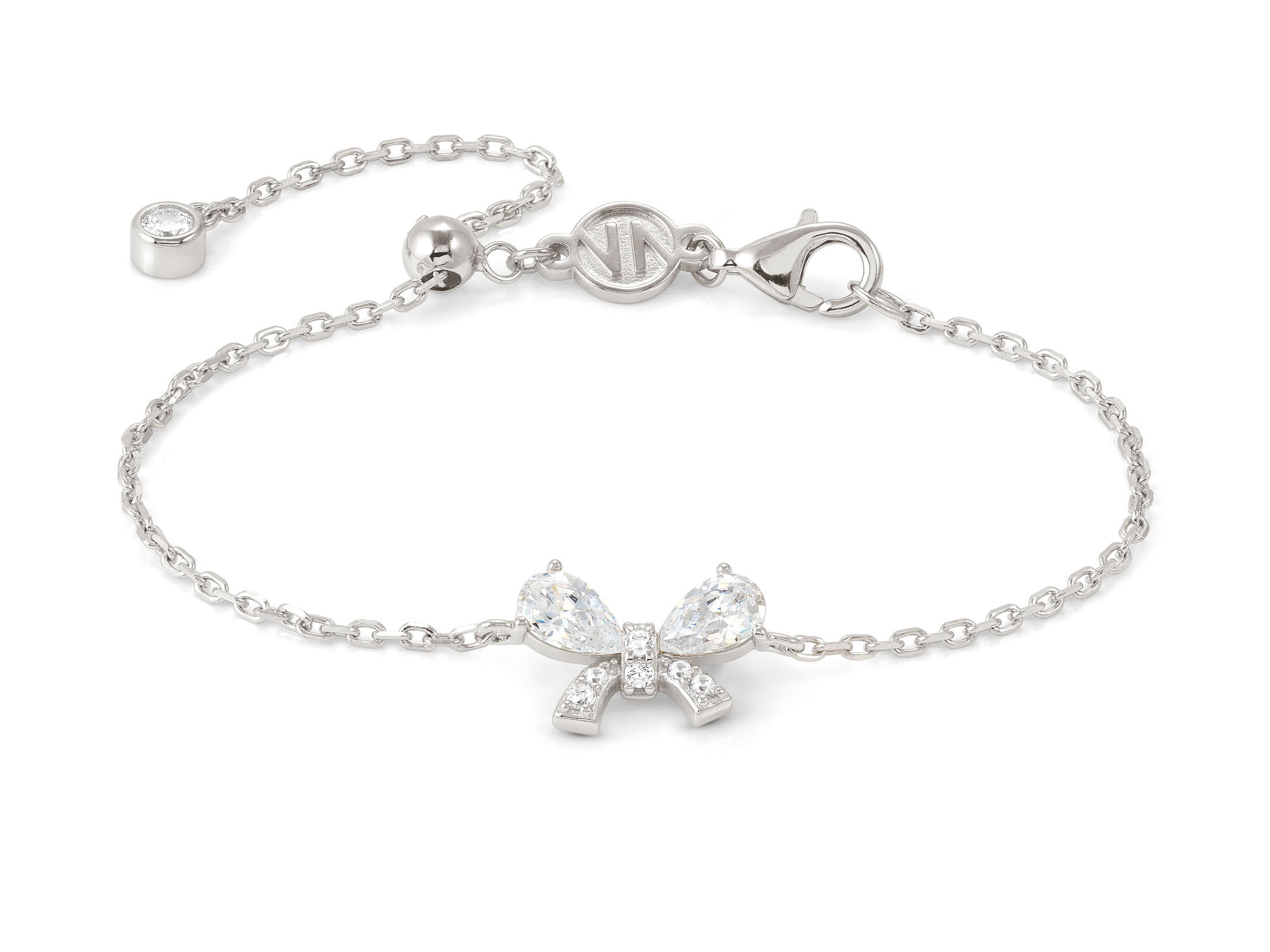 Armband aus Sterling Silber mit Zirkonia im Design einer Schleife, elegant und funkelnd, verstellbar bis 18 cm, von der Marke Nomination, ideal für besondere Anlässe oder als Geschenk.