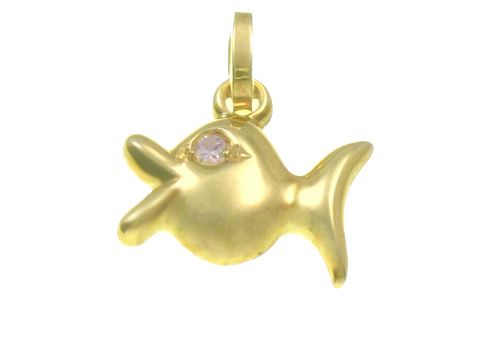 Kleiner Fisch Anhänger aus Gold mit einem Diamanten in der Augenpartie, Hersteller Juwelier Harnisch, geeignet für Tierliebhaber und als Schmuckstück im Pisces-Stil.