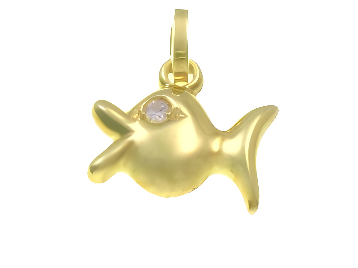 Kleiner Fisch Anhänger aus Gold mit einem Diamanten in der Augenpartie, Hersteller Juwelier Harnisch, geeignet für Tierliebhaber und als Schmuckstück im Pisces-Stil.