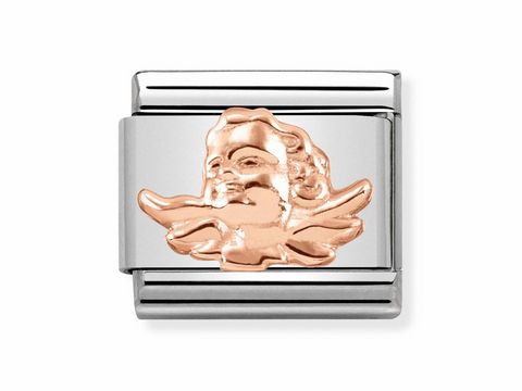 Roségoldener Engel Amorino von Nomination, zarte Gestaltung mit feinen Details, der Engel ist auf einem silbernen Hintergrund platziert, ideal für Schmuckliebhaber.
