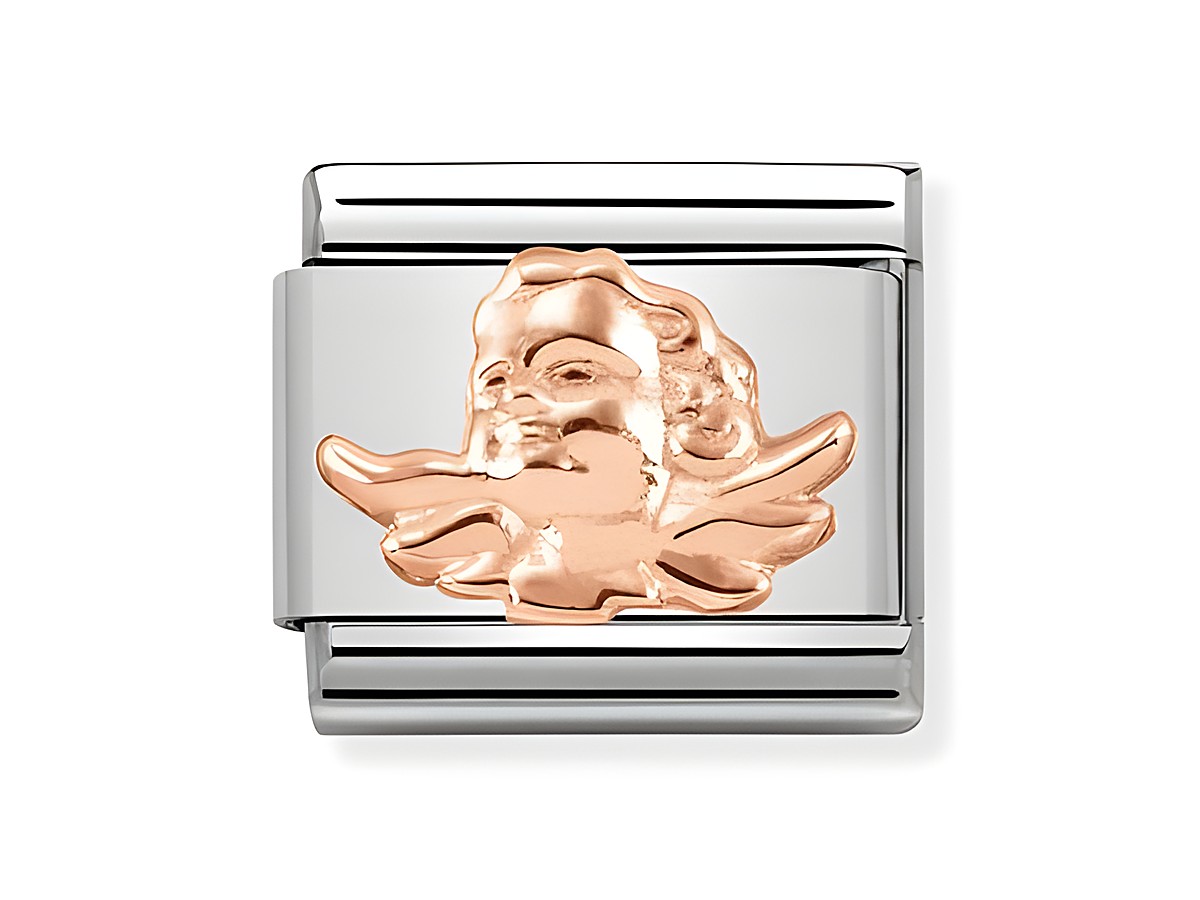 Roségoldener Engel Amorino von Nomination, zarte Gestaltung mit feinen Details, der Engel ist auf einem silbernen Hintergrund platziert, ideal für Schmuckliebhaber.