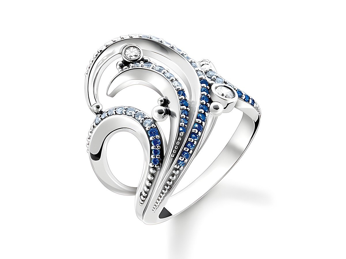 Ein eleganter Thomas Sabo Ring aus Sterling Silber mit geschwungenem Design, besetzt mit synthetischem Spinell und Zirkonia in Größe 50.
