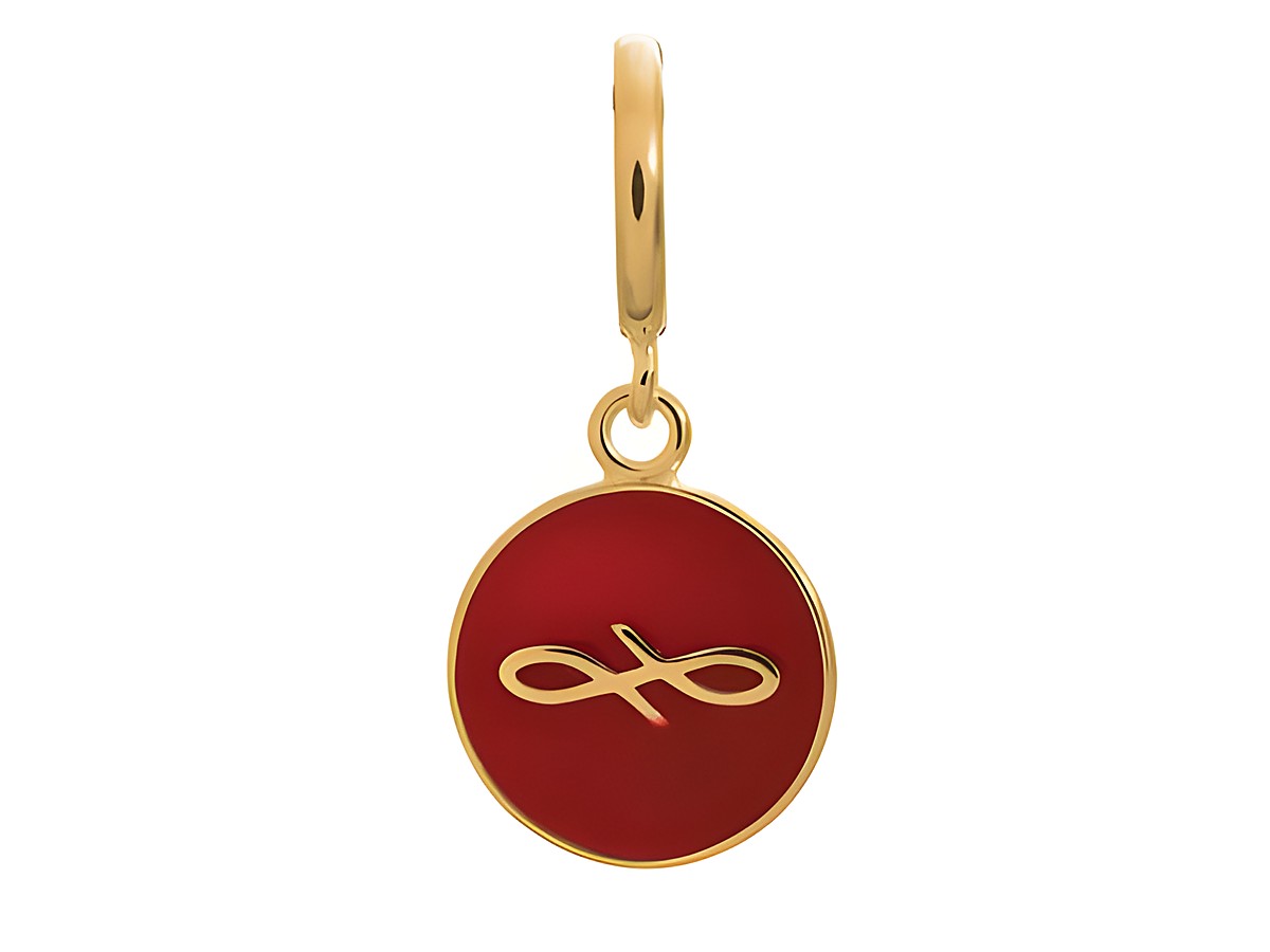 Runder Charms-Anhänger in Gelbgold mit rotem Ende und einem stilisierten unendlichen Symbol, ideal für Schmuckliebhaber und Accessoire-Fans. Hersteller: Endless.