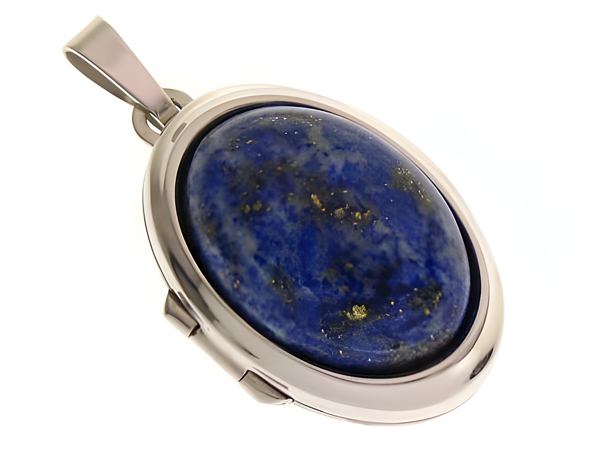 Lapislazuli Medaillon in Cabochonform aus Weißgold 585, hergestellt von Juwelier Harnisch, zeigt einen ovalen, tief blauen Edelstein mit goldenen Einschlüssen, elegant gefasst in hochwertigem Weißgold.