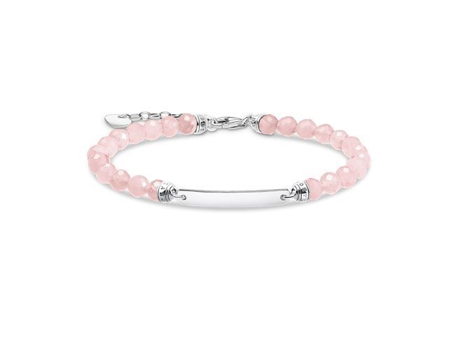 Silbernes Thomas Sabo Gravur Armband mit geschwärztem Metall und Rosenquarz-Perlen in sanften Rosa-Tönen, passend für Handgelenke von 16 bis 19 cm. Ideal für persönliche Gravuren.
