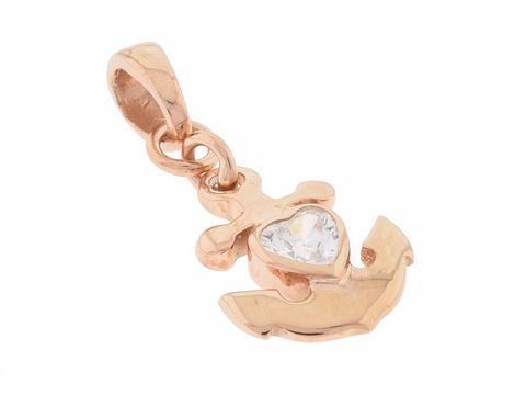 Silber Anhänger Glaube, Liebe, Hoffnung in rosé vergoldet mit Zirkonia, gestaltet in Form eines Ankers, Hersteller Juwelier Harnisch.