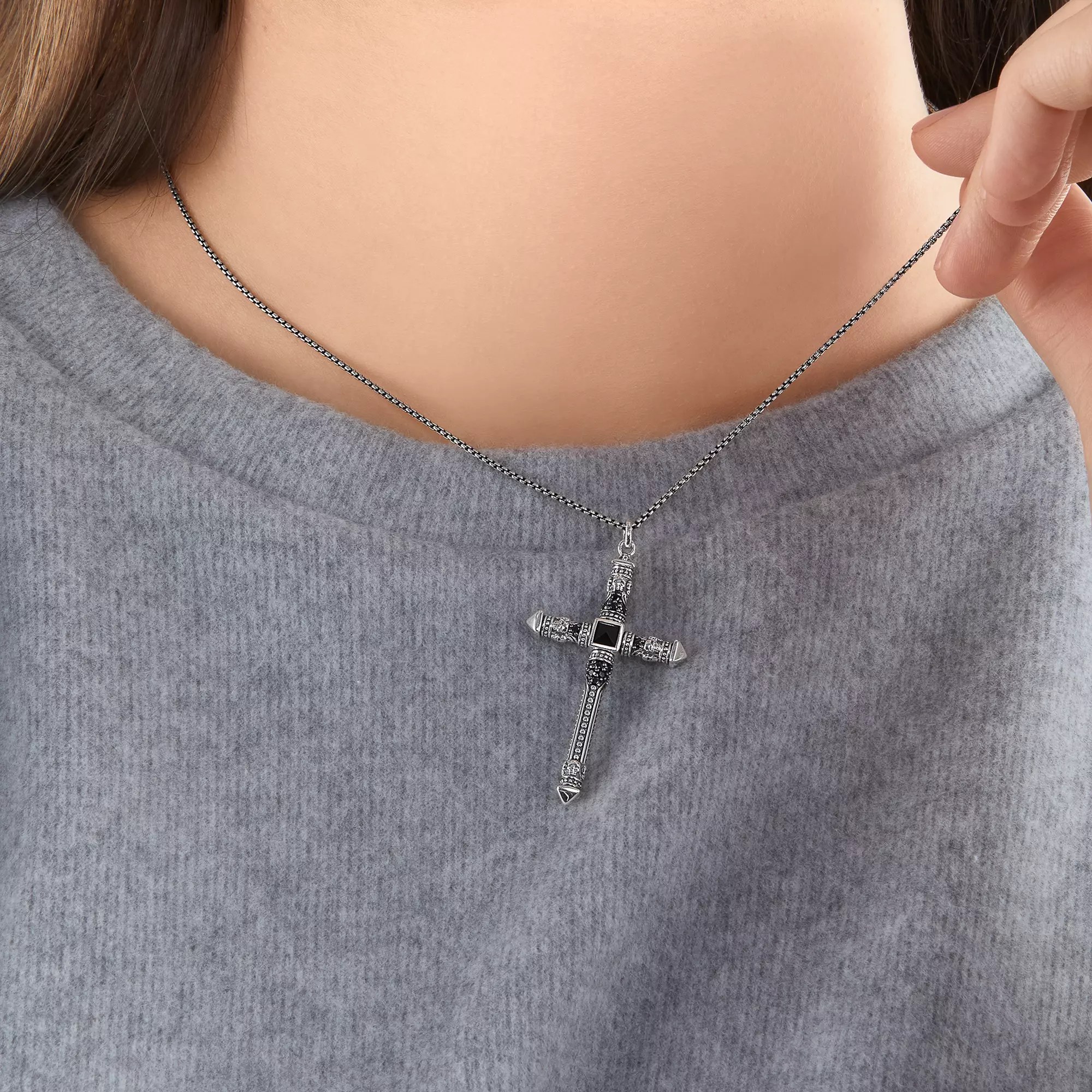 Thomas Sabo Kette - Kreuz - Sterling Silber - geschw. + Achat + Zirkonia schwarz 45 - 50 cm – Ansicht 2