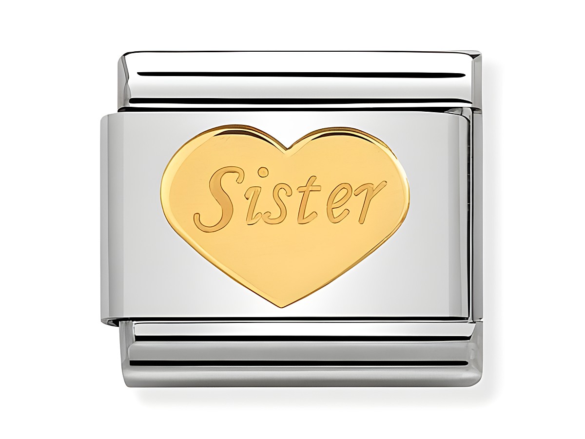 Silberner Composable Classic Anhänger mit goldenem Herz und der gravierten Schrift Sister, symbolisiert die besondere Verbindung zur Schwester, Hersteller Nomination.
