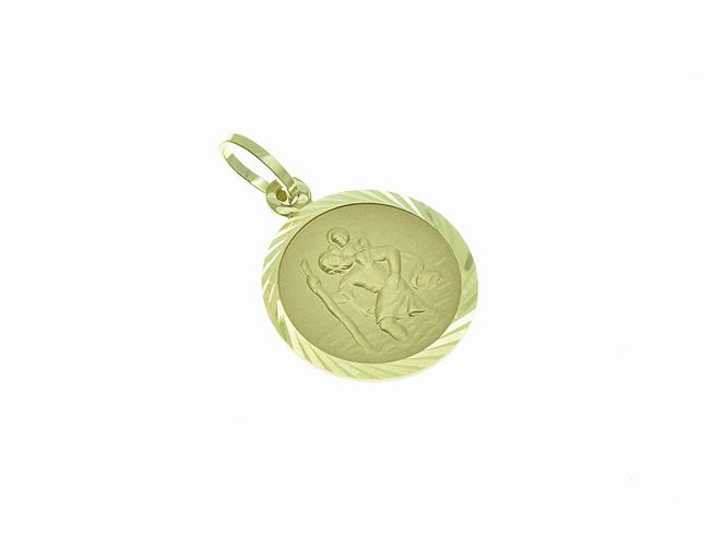 Christophorus Anhänger aus Gold 333 mit Gravuren, zeigt den Schutzpatron Christophorus in detailreicher Ausführung, hergestellt von Juwelier Harnisch. Ideal als Schutzsymbol.