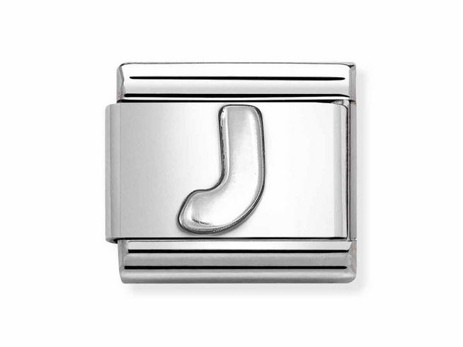 Silberner Buchstabe J aus rostfreiem Edelstahl mit oxidierter Oberfläche von Nomination, passend für Schmuckdesigns und Armbänder, klassisches und elegantes Accessoire.