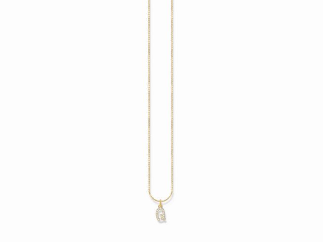 Helle Kette von Thomas Sabo mit Buchstabe Q in Silber und vergoldetem Gelbgold, verziert mit weißen Zirkonia, Länge 38 bis 45 cm. Elegantes Design für jeden Anlass.