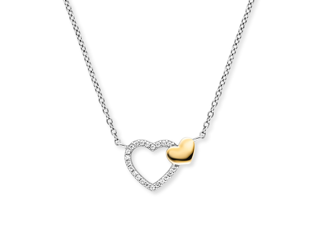 Silberne Kette mit zwei Herzanhängern, einer mit Zirkonia besetzt und der andere in Bicolor-Design, perfekt für romantische Anlässe, Hersteller Engelsrufer, Länge 40 plus 4 cm.