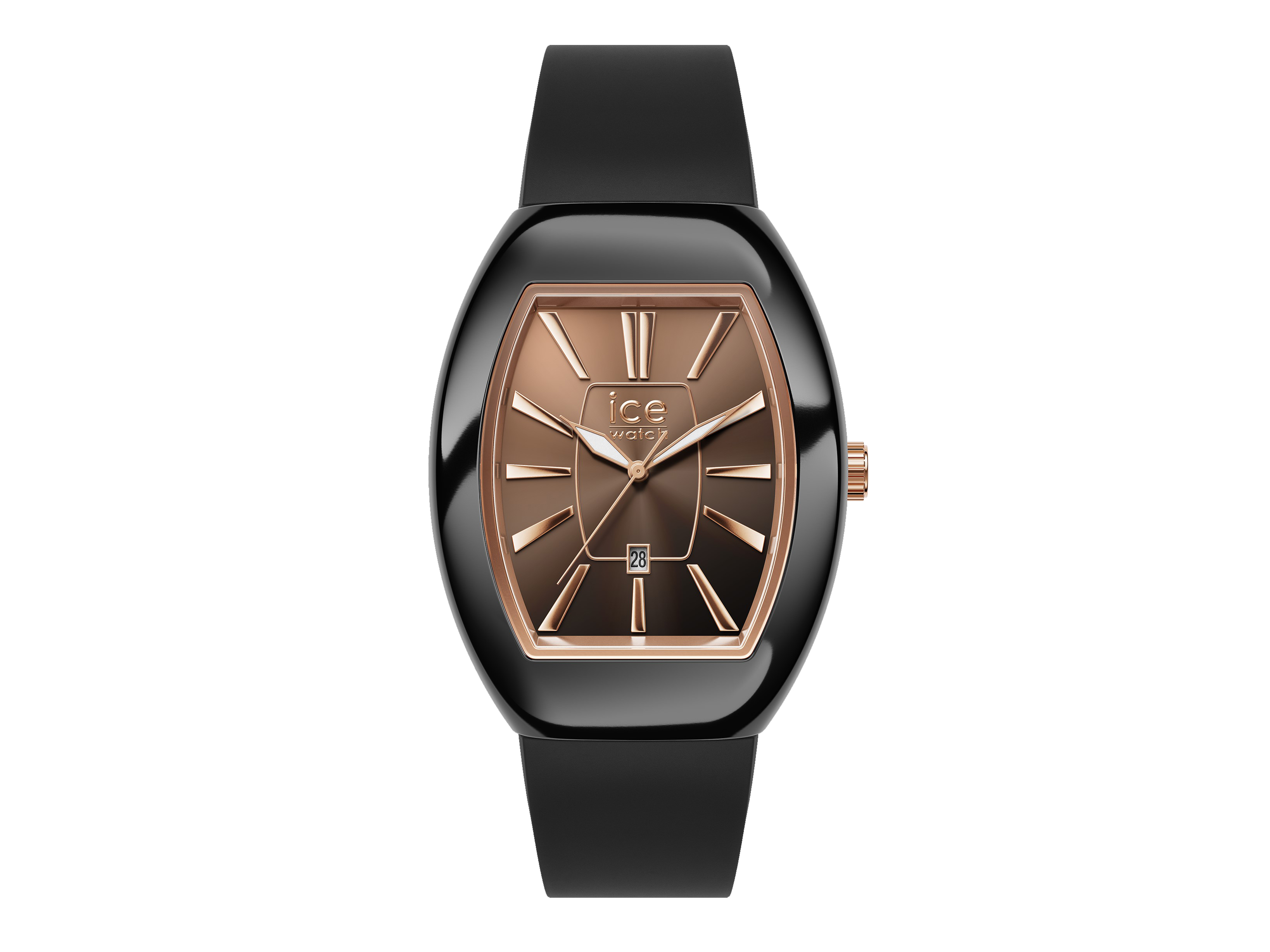 Die Ice Watch 024032 ICE boliday Uhr in Schwarz und Rosé präsentiert sich mit einem eleganten Ziffernblatt und einem bequemen schwarzen Armband, ideal für stilbewusste Trägerinnen.