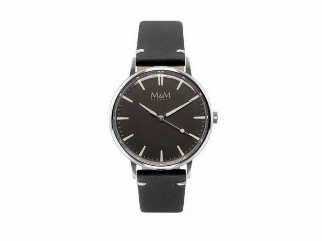 Damenuhr M&M M11952-445 - New Classic mit schwarzem Zifferblatt und silbernem Gehäuse, schwarzem Lederarmband und analogen Zeigern für einen eleganten Look.