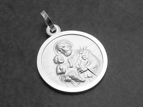 Sterling Silber Anhänger mit dem Bild des Heiligen Joseph von Nazaret, dargestellt mit dem Jesuskind. Hersteller ist Juwelier Harnisch, geeignet als Schutzpatron.