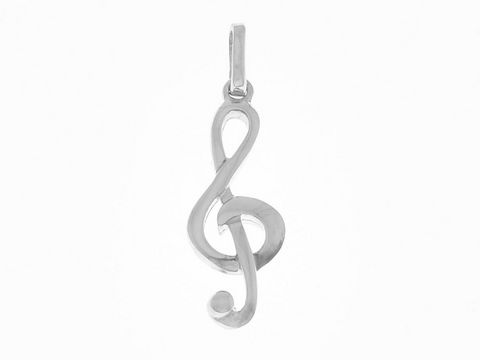 Weißgoldanhänger in Form eines Notenschlüssels für Musikfans, aus Weißgold 333 vom Juwelier Harnisch, elegant und stilvoll, ideal als Schmuckstück für Musikliebhaber.