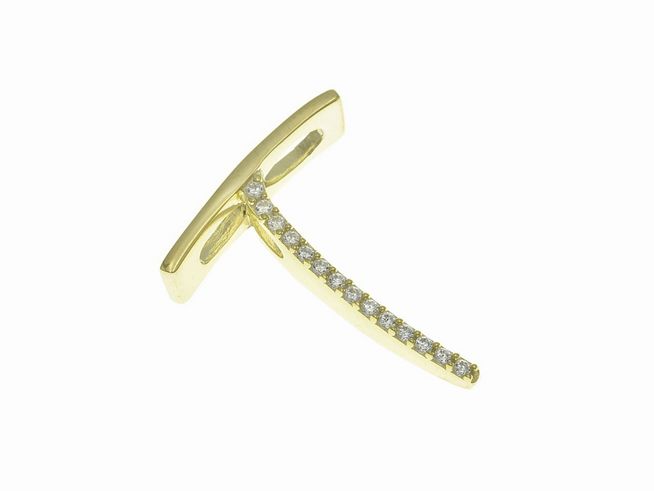 Anhänger aus Sterling Silber in Form des Buchstabens T, poliert und vergoldet. Zierteile aus Gelbgold mit Zirkonia, gefertigt vom Juwelier Harnisch.