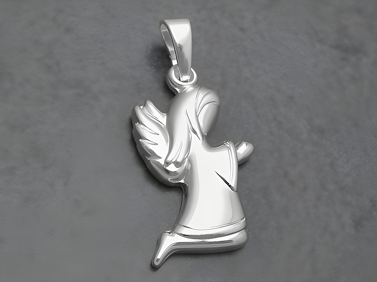 Engel massiv Sterling Silber Anhänger von Juwelier Harnisch, detailreich gestaltet mit Flügeln, in betender Haltung, glänzende Oberfläche, ideal als Geschenk oder für den persönlichen Gebrauch.