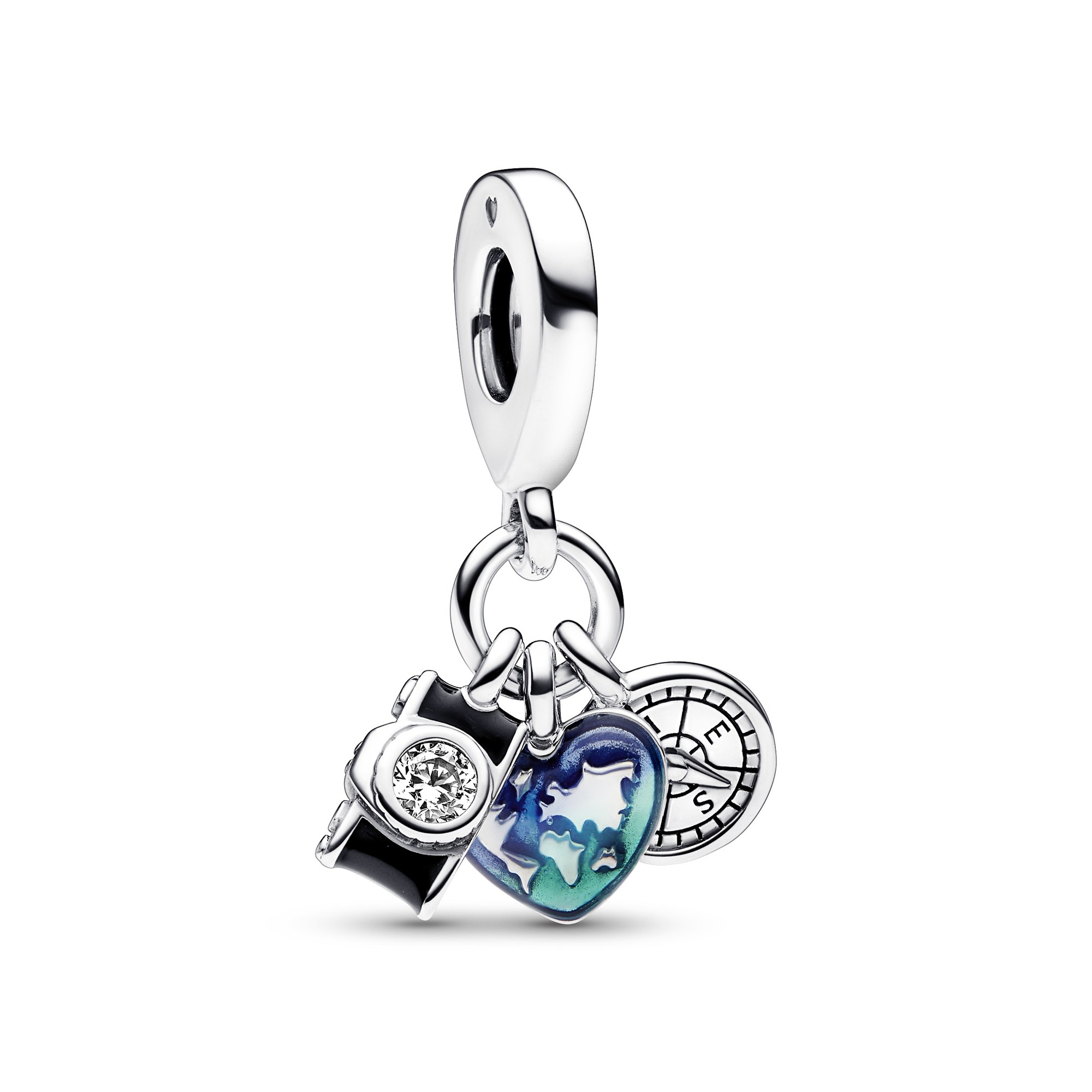 Pandora Kamera Herz & Kompass Dreifacher Charm-Anhänger - Sterling Silber