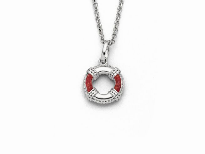 Sterling Silber Kette mit einem Anhänger in Form eines Rettungsrings, verziert mit roter Koralle, Gesamtlänge von 42 cm, elegant und maritim im Design.