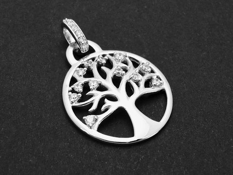 Lebensbaum Silber Anhänger rhodiniert mit funkelnden Zirkonia. Der Baum symbolisiert Wachstum und Glück. Hersteller ist Juwelier Harnisch, idealer Glücksbringer.