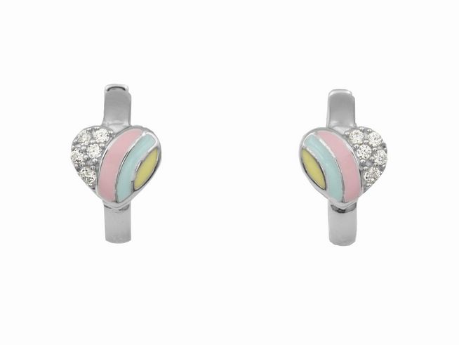Creolen aus 1,2 cm Sterling Silber rhodiniert mit buntem Herzlack und Zirkonia, ideal für Kinder, Hersteller Juwelier Harnisch.