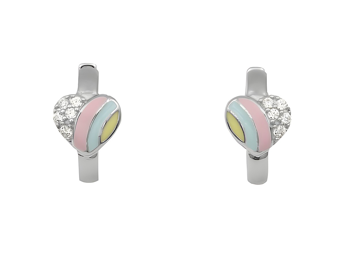 Creolen aus 1,2 cm Sterling Silber rhodiniert mit buntem Herzlack und Zirkonia, ideal für Kinder, Hersteller Juwelier Harnisch.