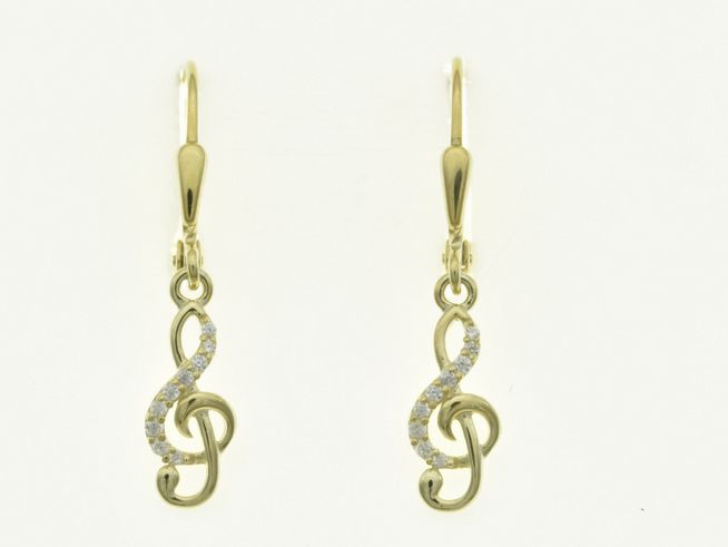 Zwei Ohrhänger in Form von Violinschlüsseln aus sterling Silber und bicolor Gelbgold, verziert mit funkelnden Zirkonia-Steinen, stilvoll und elegant, ideal für Musikliebhaber.