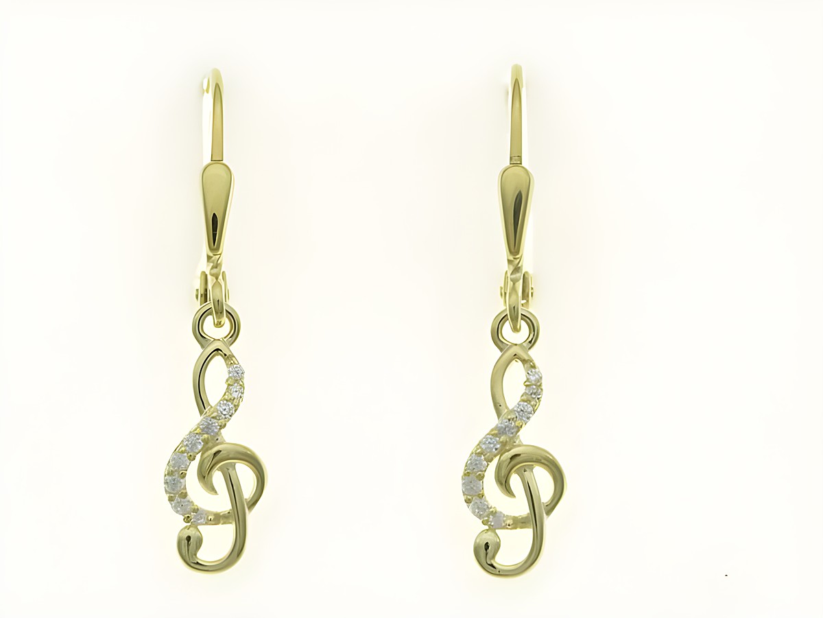 Zwei Ohrhänger in Form von Violinschlüsseln aus sterling Silber und bicolor Gelbgold, verziert mit funkelnden Zirkonia-Steinen, stilvoll und elegant, ideal für Musikliebhaber.
