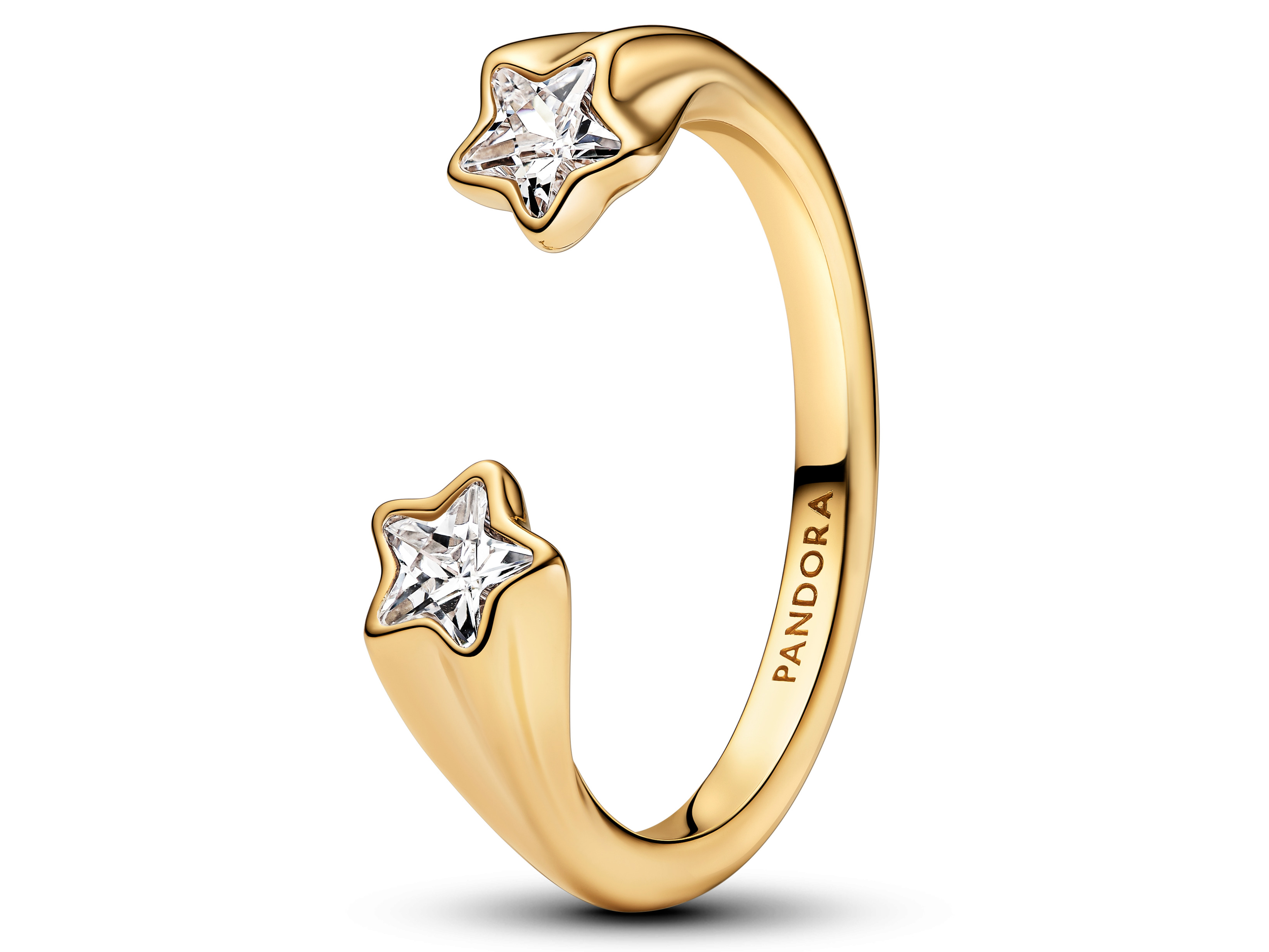 Offener Ring von Pandora in Gelbgold vergoldet mit zwei sternförmigen klaren Zirkonia-Steinen an den Enden, Größe 48, elegant und modern.