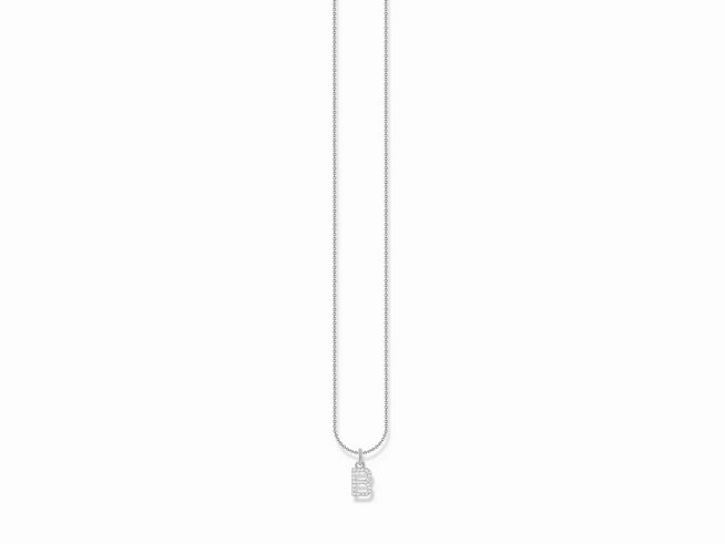 Silberne Kette von Thomas Sabo mit dem Buchstaben B als Anhänger, verziert mit weißen Zirkonia, Länge von 38 bis 45 cm. Elegant und personalisiert.