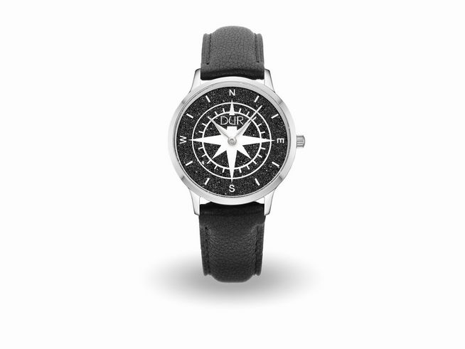 DUR Uhr Kompass Lavasand DW013 Edelstahl 40 mm mit schwarzem Lederarmband und Zifferblatt im Kompassdesign, ideal für stilbewusste Träger.