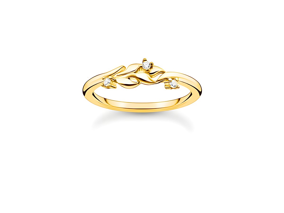 Charming Ring von Thomas Sabo aus Sterling Silber mit vergoldeter Oberfläche, verziert mit drei weißen Zirkonia, Größe 60, elegantes und filigranes Design.