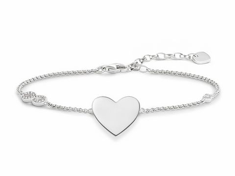 Silbernes Armband von Thomas Sabo mit Herz- und Infinity-Design, verziert mit weißen Zirkonia, verstellbare Länge von 16,5 bis 19,5 cm, eleganter Gravur Schmuck.