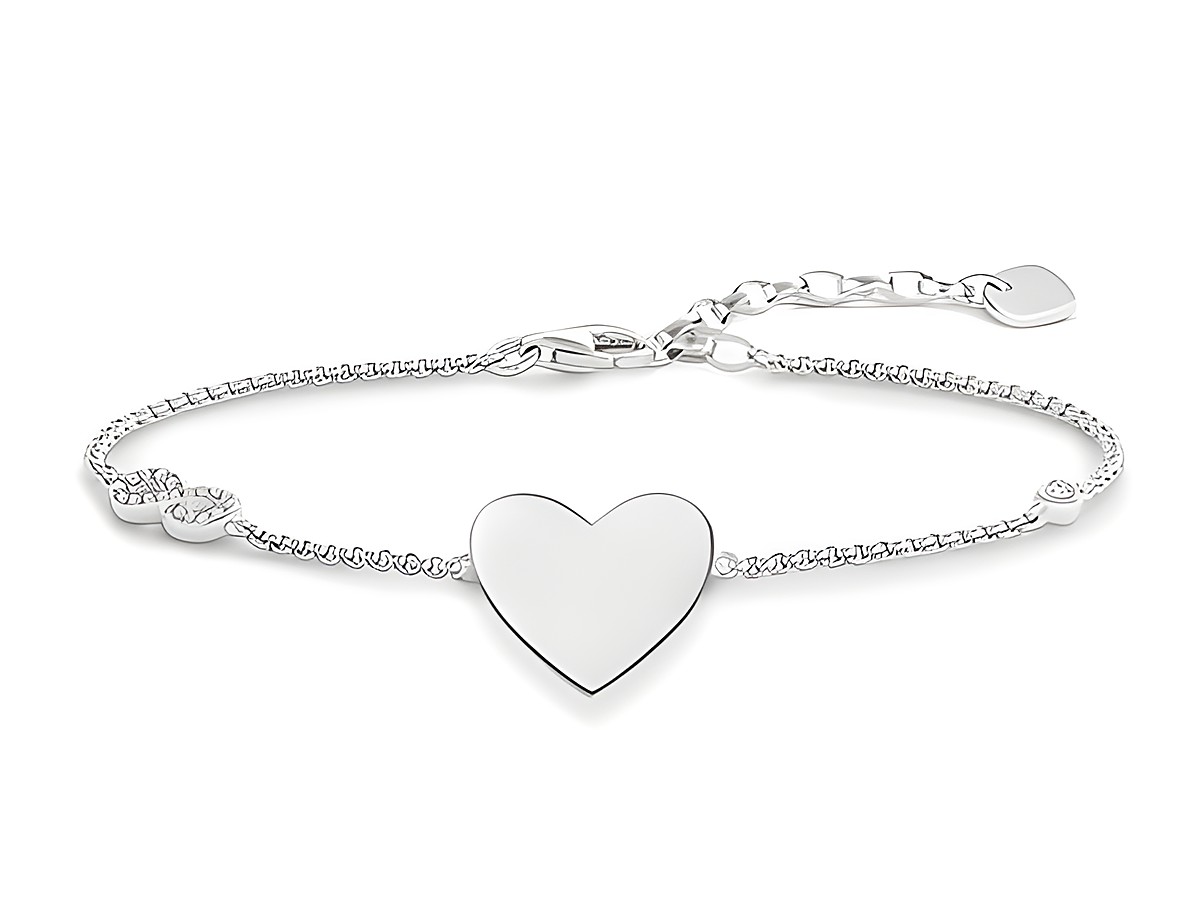 Silbernes Armband von Thomas Sabo mit Herz- und Infinity-Design, verziert mit weißen Zirkonia, verstellbare Länge von 16,5 bis 19,5 cm, eleganter Gravur Schmuck.