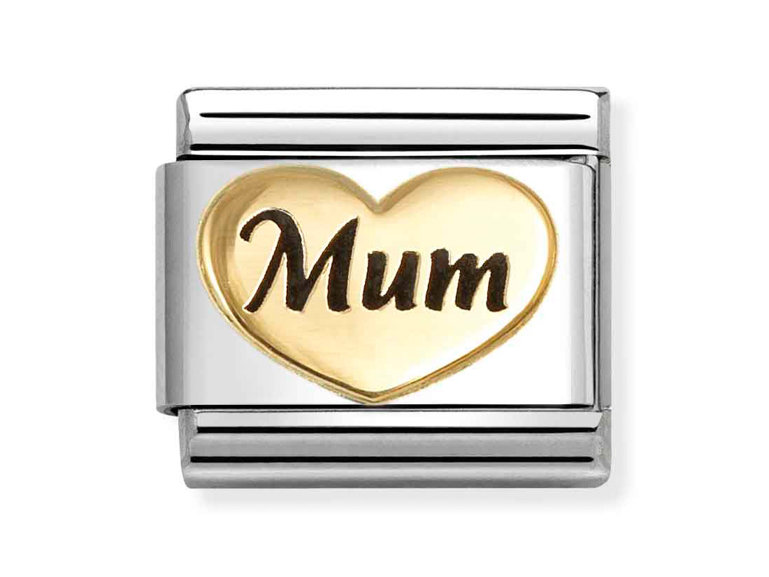 Goldenes Herz mit dem Schriftzug Mum, umrahmt von silberner Emaille, Hersteller Pandora, Artikelnummer 030285 80, Neuheiten, geeignet als charm für Schmuckstücke.