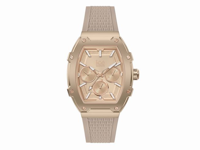 Die Ice Watch Uhr 022861 - ICE boliday Timeless Taupe - Small zeigt ein elegantes Gehäuse in Roségold mit einem starren Armband und einem stilvollen Ziffernblatt mit drei Ziffernblättern.