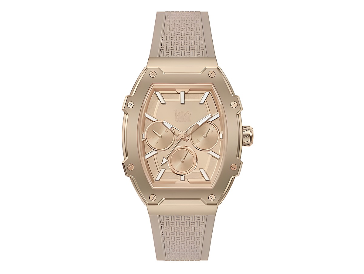 Die Ice Watch Uhr 022861 - ICE boliday Timeless Taupe - Small zeigt ein elegantes Gehäuse in Roségold mit einem starren Armband und einem stilvollen Ziffernblatt mit drei Ziffernblättern.