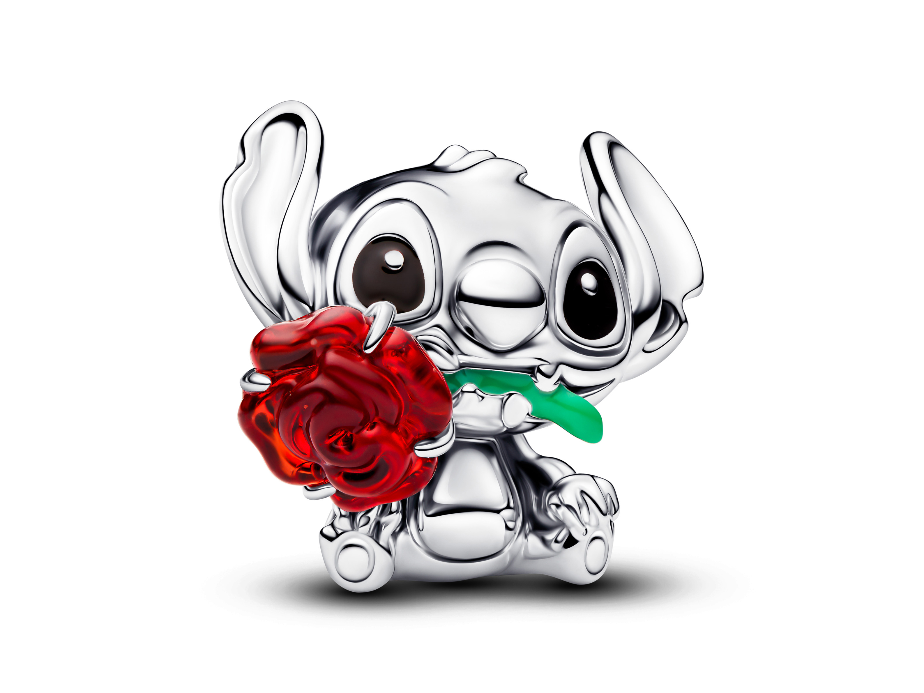 Ein charmantes Disney Stitch Motiv aus Silber mit einem roten Murano Glas Rosa in der Hand. Detailreich gearbeitet, ideal für das persönliche Schmuckstück von Pandora.