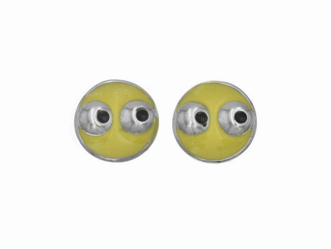 Ohrstecker aus Sterling Silber mit poliertem und rhodiniertem Finish, gelbem und schwarzem Lack, in Form von Gesichtern, hergestellt von Juwelier Harnisch, geeignet für Kinder.