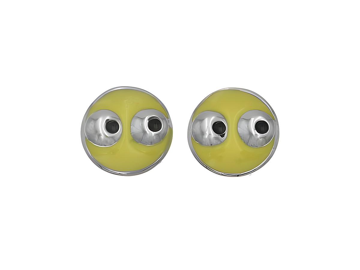 Ohrstecker aus Sterling Silber mit poliertem und rhodiniertem Finish, gelbem und schwarzem Lack, in Form von Gesichtern, hergestellt von Juwelier Harnisch, geeignet für Kinder.