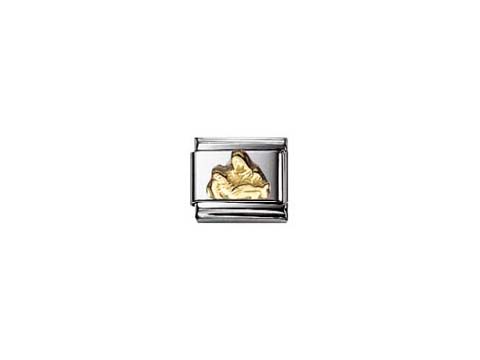 Die Pieta Element von Nomination Classic zeigt eine filigrane Darstellung von Maria und Jesus in goldener Ausführung, eingefasst in edelstahlfarbigem Rahmen, geeignet für Armbänder.