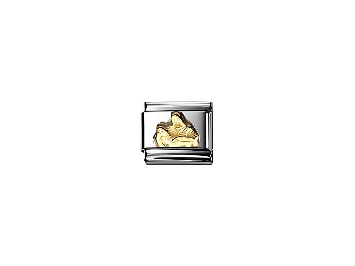 Die Pieta Element von Nomination Classic zeigt eine filigrane Darstellung von Maria und Jesus in goldener Ausführung, eingefasst in edelstahlfarbigem Rahmen, geeignet für Armbänder.